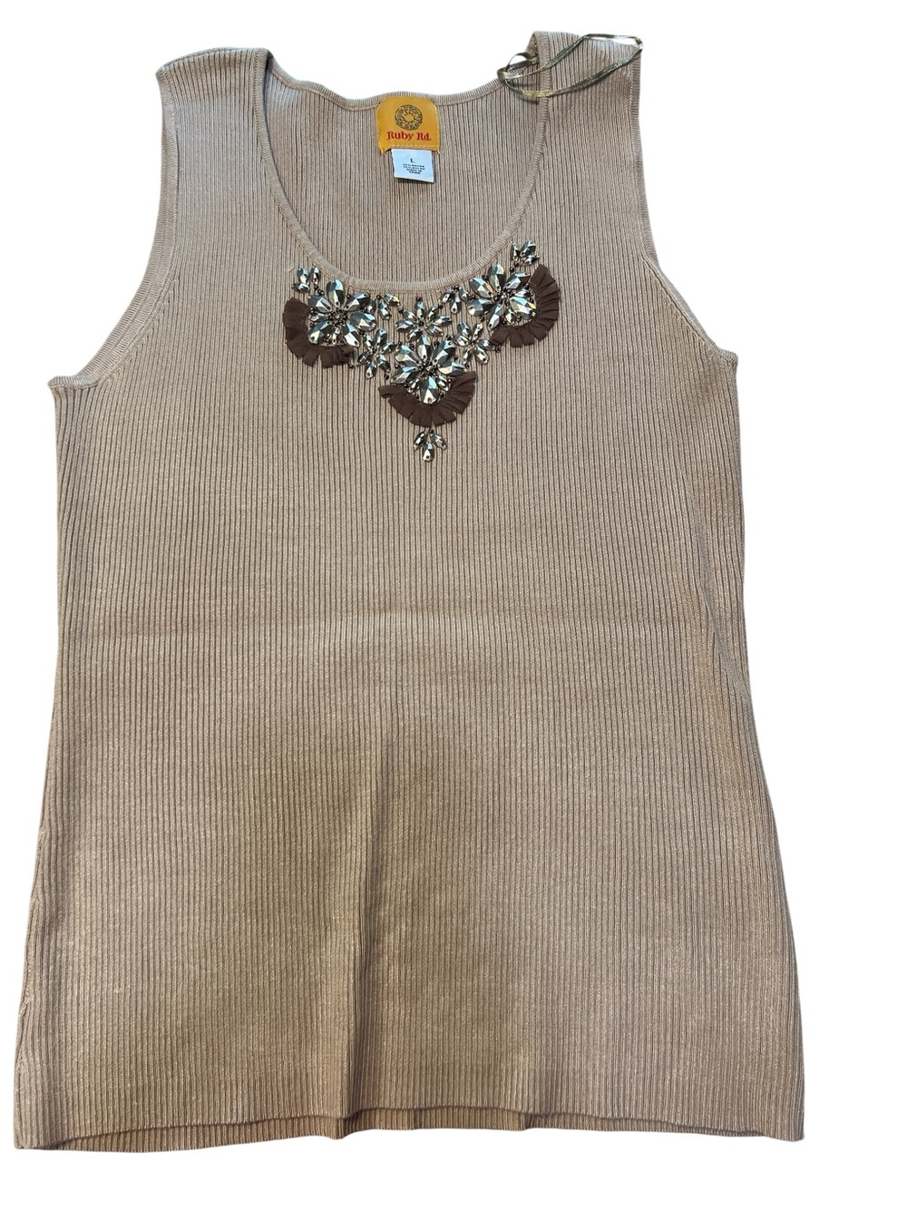Ruby Rd. Beige Ribbed Tank with Jeweled Neckline - Picture 2 of 7